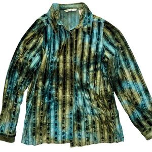 French Laundry Y2K Burnout Velvet Green Blue Striped Button Up Long Sleeve Shirt